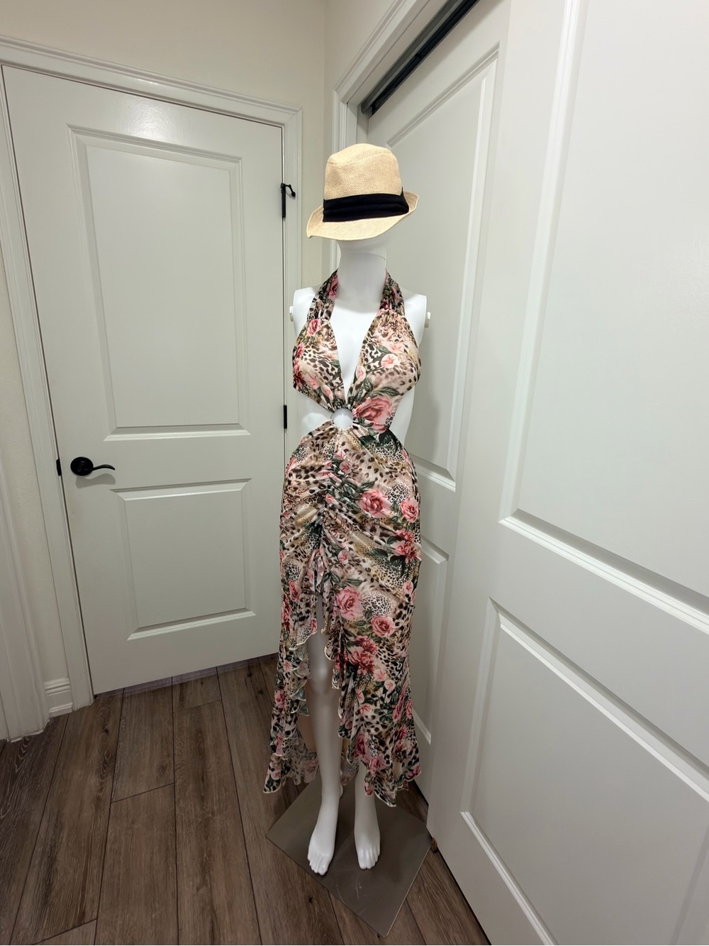 Floral Halter Cutout Maxi Dress in Beige and Pink